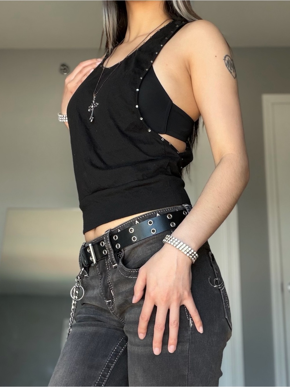 Y2K Balera Black Rhinestone Trim Tank Top with Cut Out Racerback Silhouette